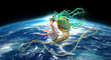 Картинка vocaloid аниме fengzi планета земля космос вокалоид цепочка часы девушка hatsune miku лента банты