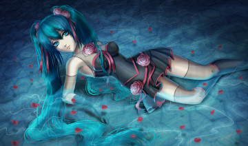 Картинка vocaloid аниме арт hatsune miku девушка лежа вода розы цветы лепестки