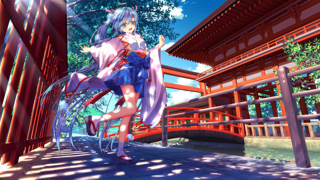 Обои картинки фото vocaloid, аниме, арт, вокалоид, облака, небо, деревья, мост, nazu-na, кимоно, hatsune, miku, девушка