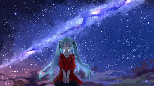 Обои картинки фото vocaloid, аниме, небо, ночь, слезы, вокалоид, девушка, hatsune, miku, yutara, арт, звезды, облака