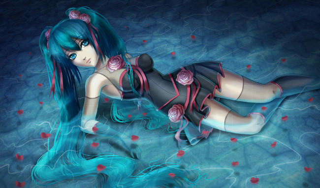 Обои картинки фото vocaloid, аниме, арт, hatsune, miku, девушка, лежа, вода, розы, цветы, лепестки