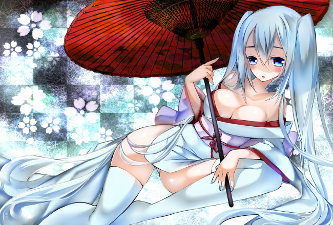 Обои картинки фото vocaloid, аниме, арт, himari0812, hatsune, miku, девушка, зонт, кимоно, вокалоид, лежит