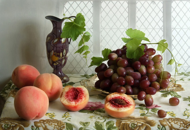 Обои картинки фото еда, фрукты,  ягоды, виноград, персики