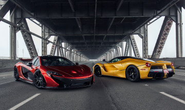 Картинка ferrari+laferrari+and+mclaren+p1 автомобили разные+вместе мост спорткары
