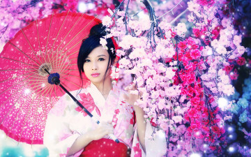 Картинка девушки -unsort+ азиатки зонт макияж взгляд брюнетка цветы азиатка