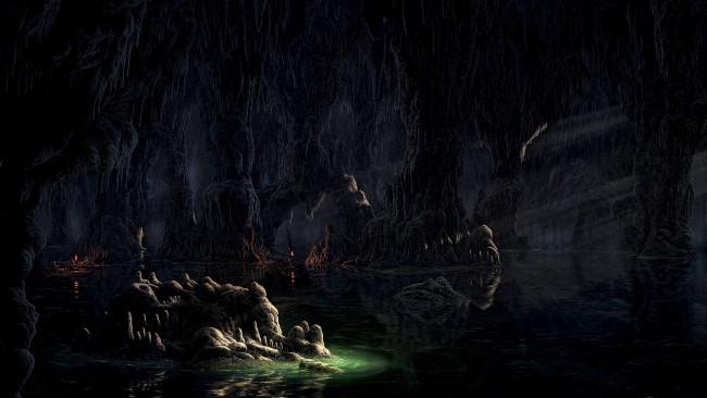 Обои картинки фото фэнтези, пейзажи, озеро, факелы, лучи, люди, лодки, пещера