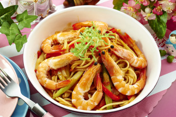 Картинка еда рыбные+блюда +с+морепродуктами овощи креветки паста