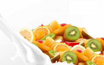 Картинка еда фрукты +ягоды молоко дольки