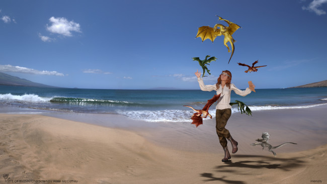 Обои картинки фото 3д графика, фантазия , fantasy, драконы, фон, взгляд, девушка, море