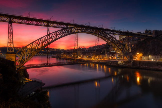 Обои картинки фото portugal, города, - мосты, ночь, мост, река