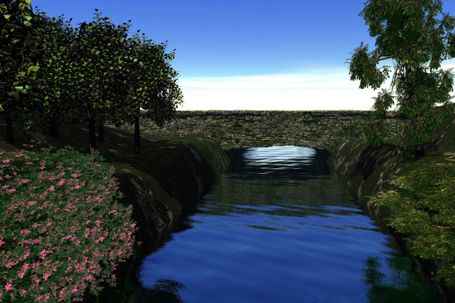 Обои картинки фото река, 3д графика, природа , nature, куст, деревья, мост, небо