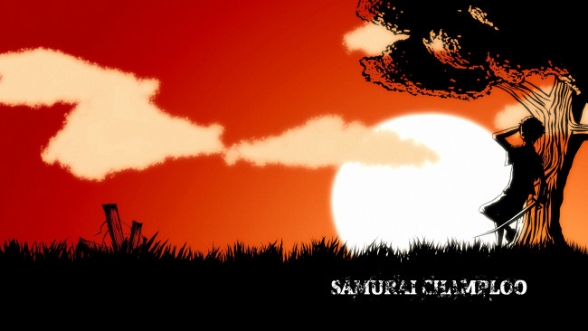 Обои картинки фото аниме, samurai champloo, закат, облака, меч, мужчин, дерево, трава, mugen, самурай, samurai