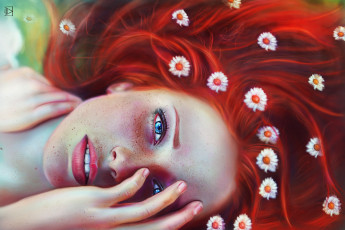 Картинка рисованное люди взгляд девушка веснушки рыжая цветочки лицо глаза