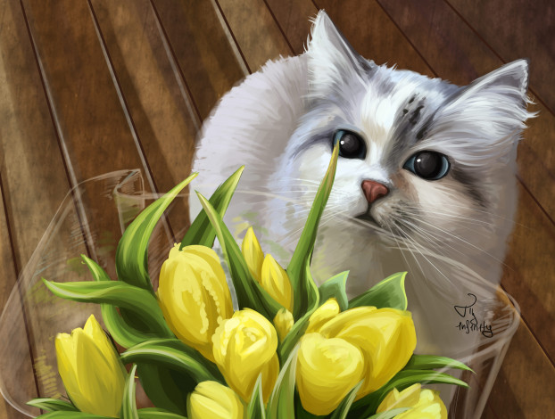 Обои картинки фото рисованное, животные,  коты, кошка, тюльпаны, букет