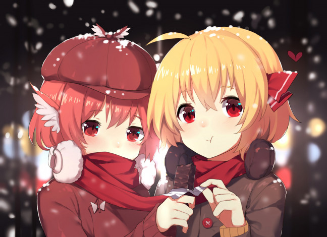 Обои картинки фото аниме, зима,  новый год,  рождество, девочки