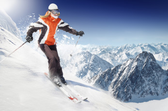 Картинка спорт лыжный+спорт девушка взгляд фон снег горы