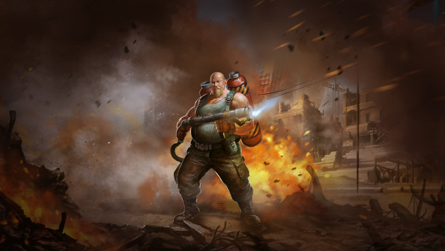 Обои картинки фото видео игры, battalion wars, огнемет, фон, мужчина