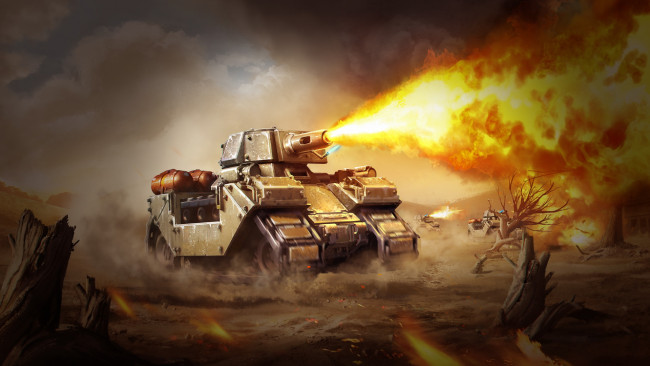 Обои картинки фото видео игры, battalion wars, танк, фон, выстрел