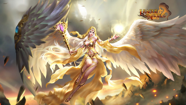 Обои картинки фото видео игры, league of angels, ангел, девушка, крылья, посох