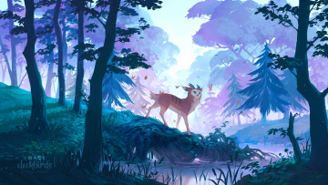 Картинка фэнтези существа животное лес ручей
