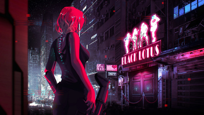 Обои картинки фото видео игры, cyberpunk 2077, девушка, оружие, город, огни
