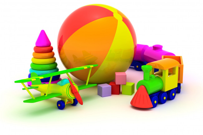 Обои картинки фото разное, игрушки, мяч, кубики, пирамидка, самолет, паровоз