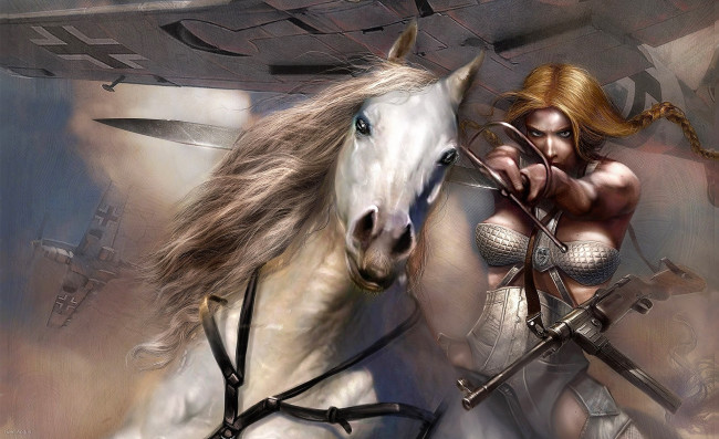 Обои картинки фото фэнтези, девушки, самолеты, лошадь, девушка, оружие, валькирия