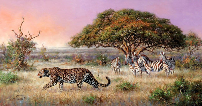 Обои картинки фото рисованное, eric forlee, саванна, зебры, леопард, деревья