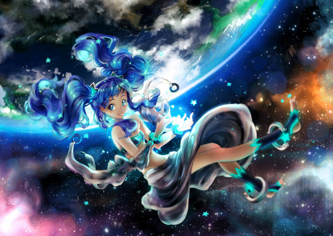 Обои картинки фото аниме, vocaloid, miku, hatsune, космос, планета