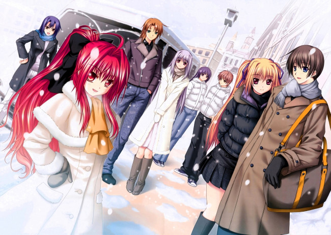 Обои картинки фото аниме, polyphonica, персонажи, снег, город, автобус