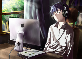 Картинка by tagme аниме headphones instrumental парень комната окно наушники слеза компьютер стул стол книги