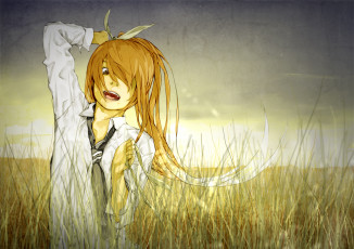 Картинка by loundraw аниме *unknown другое девушка бант колосья рубашка галстук поле