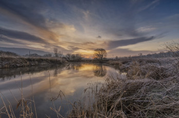 Картинка природа восходы закаты утро иней трава река