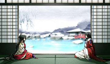 Картинка аниме kajiri+kamui+kagura девушка mikado ryuumei татами зима сад koga rindou g yuusuke вода мост камни деревья кимоно ива пруд строения снег мужчина