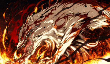Картинка аниме kajiri+kamui+kagura искры пепел животное волк ярость зверь деревья огонь g yuusuke клыки