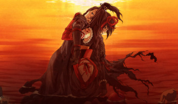 Картинка аниме kajiri+kamui+kagura кимоно закат вода g yuusuke доспехи камни девушка мужчина кровь свет