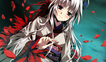 Картинка аниме kajiri+kamui+kagura перья лепестки девушка украшение g yuusuke небо кимоно kyougetsu sakuya