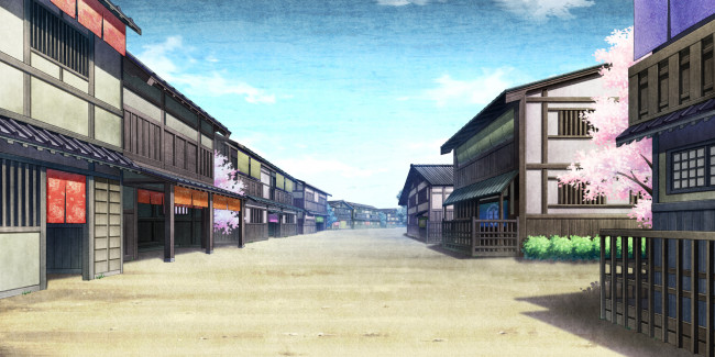 Обои картинки фото аниме, kajiri kamui kagura, облака, небо, дома, строения, сакура, город, деревья, растения, улицы, здания