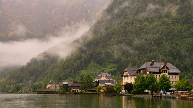 Обои картинки фото города, - пейзажи, туман, горы, австрия, лес, hallstatt, город
