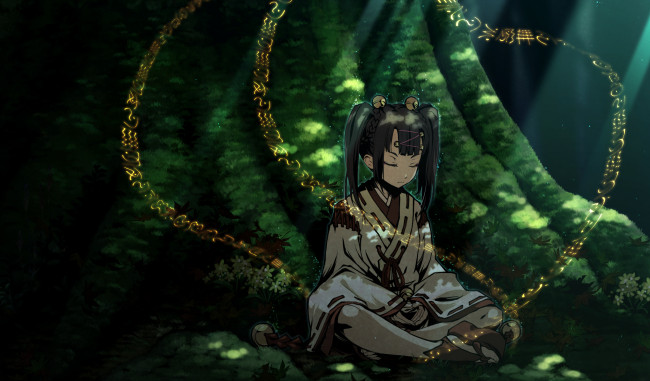 Обои картинки фото аниме, kajiri kamui kagura, g, yuusuke, mikado, ryuusui, девушка, свет, заклинание, кимоно, заколка, колокольчик, деверо, листья, цветы, шнурок, магия, иероглифы, знаки