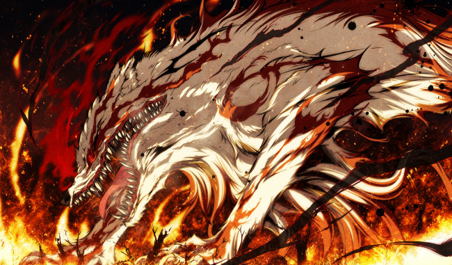 Обои картинки фото аниме, kajiri kamui kagura, искры, пепел, животное, волк, ярость, зверь, деревья, огонь, g, yuusuke, клыки