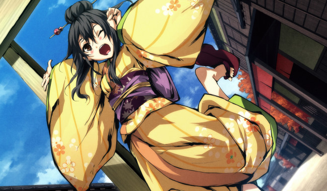 Обои картинки фото аниме, kajiri kamui kagura, кимоно, украшение, девушка, g, yuusuke, облака, небо, город, деревья, здания, дома, улица