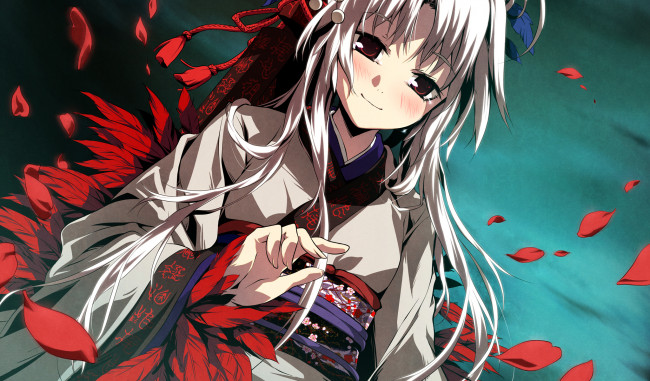Обои картинки фото аниме, kajiri kamui kagura, перья, лепестки, девушка, украшение, g, yuusuke, небо, кимоно, kyougetsu, sakuya