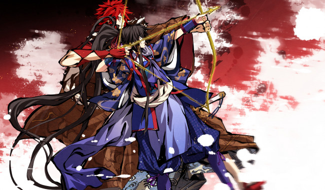Обои картинки фото аниме, kajiri kamui kagura, шарф, кимоно, заколка, мех, g, yuusuke, лук, оружие, девушка, мужчина, koga, rindou, sakagami, habaki