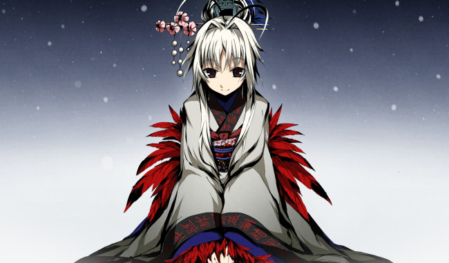 Обои картинки фото аниме, kajiri kamui kagura, снег, g, yuusuke, девушка, перья, украшение, цветы, кимоно, заколка