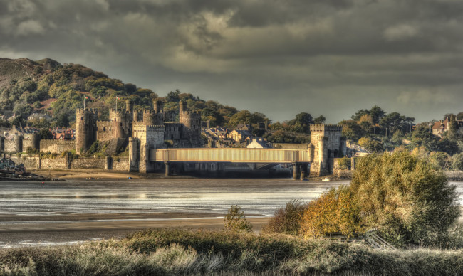 Обои картинки фото conwy castle, города, замки англии, мост, река, замок