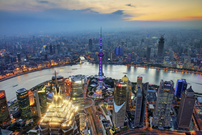 Обои картинки фото shanghai, города, шанхай , китай, река, небоскребы, панорама