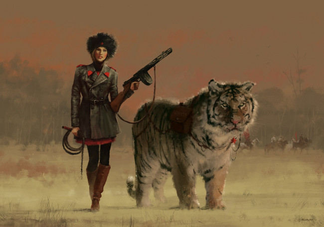 Обои картинки фото рисованное, люди, арт, живопись, тигр, животное, оружие, форма, девушка