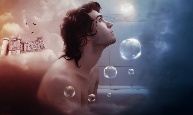 Обои картинки фото рисованное, люди, фон, мужчина, пузырь, ванная