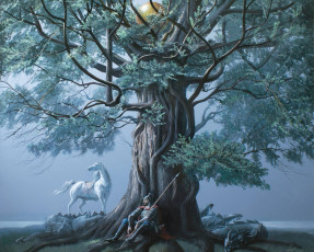 обоя фэнтези, пейзажи, дерево, уставший, копье, байтерек, 2012г, воин, белый, конь, айбек, бегалин, дракон